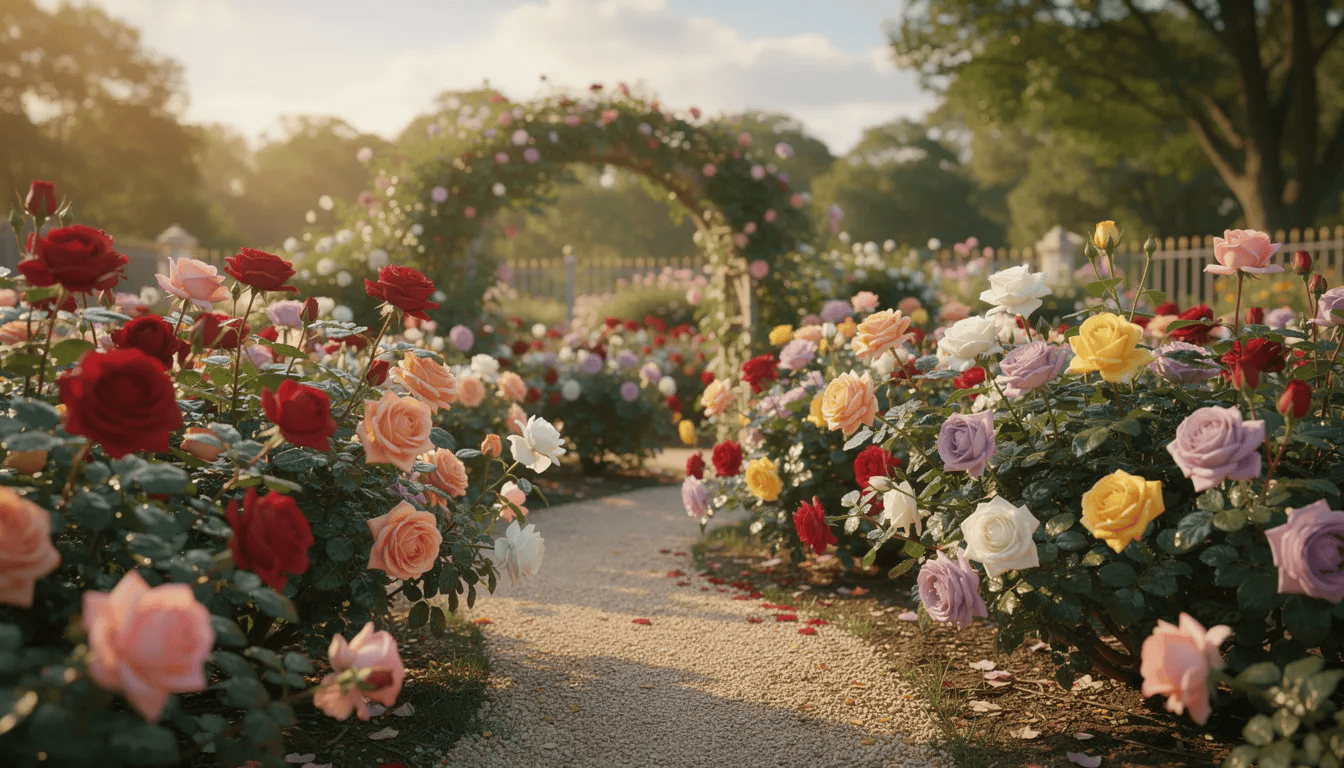 Na obrazie widoczny jest ogród różany w pełnym rozkwicie, wypełniony różnokolorowymi krzewami róż, w tym pięknymi różami wielkokwiatowymi oraz pachnącymi odmianami. Kwiaty w odcieniach różowym, żółtym i białym tworzą zachwycający widok, a ich obfite kwitnienie przyciąga uwagę każdego miłośnika roślin.