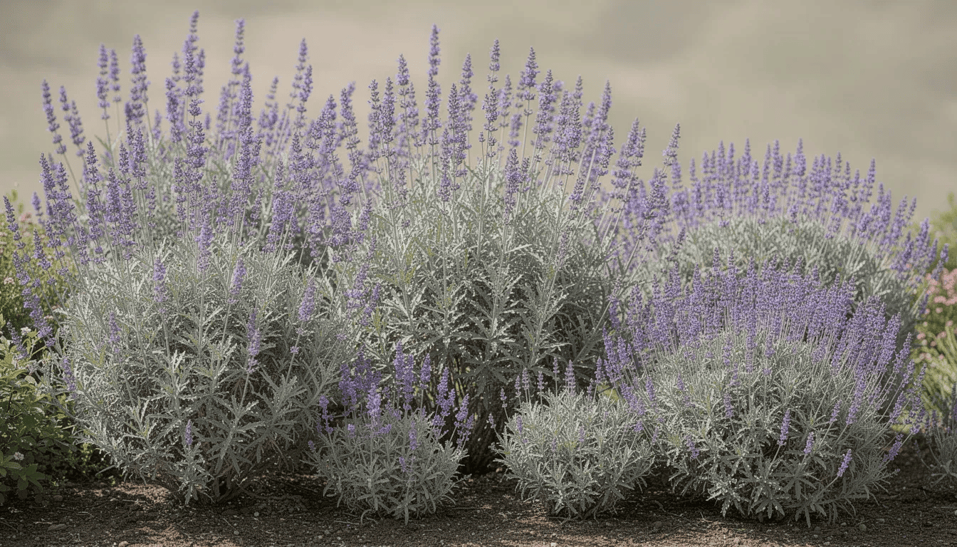 Na zdjęciu widoczne są różne odmiany perowskii rosnące obok siebie, ukazujące różnice w wysokości i pokroju, z pięknymi fioletowoniebieskimi kwiatami i srebrzystymi liśćmi. Rośliny te, takie jak perowskia łobodolistna i perowskia blue spire, tworzą interesującą kompozycję w rabatach bylinowych, doskonale znoszącą słoneczne stanowiska.