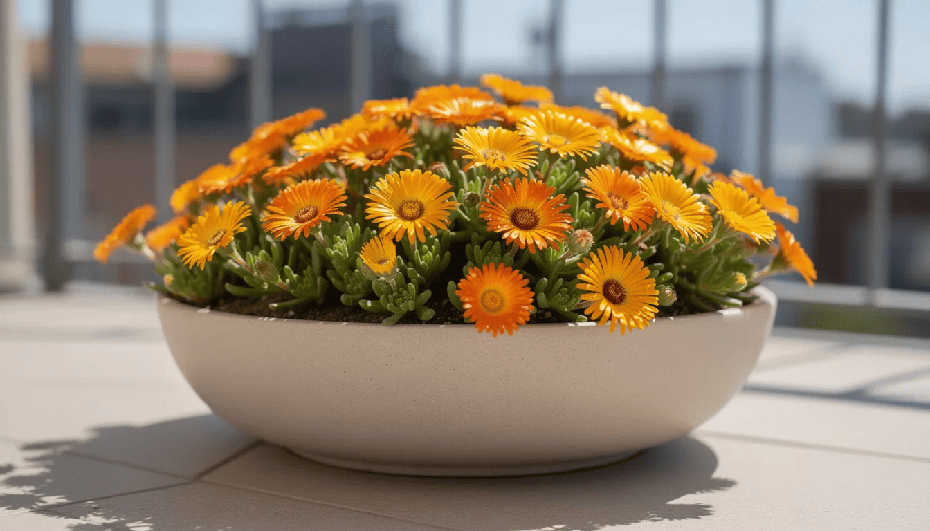 Na słonecznym balkonie znajduje się płaska ceramiczna donica z sadzonkami słonecznicy Delosperma, rośliny ozdobnej o mięsistych liściach i pięknych kwiatach, która doskonale radzi sobie w wysokich temperaturach i słonecznych warunkach. Kwiaty tej rośliny, z żółtymi pręcikami, kwitną latem, tworząc efektowne akcenty w przestrzeni balkonowej.