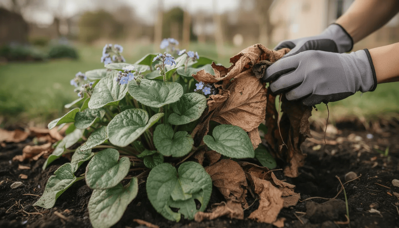 Na zdjęciu przedstawiono wiosenną pielęgnację brunery wielkolistnej, gdzie ogrodnik usuwa zeschłe liście z kępy rośliny. W tle widoczne są zielone liście oraz promienie słoneczne, które oświetlają niebieskie kwiaty brunery, tworząc przyjemny widok w cienistych zakątkach ogrodu.