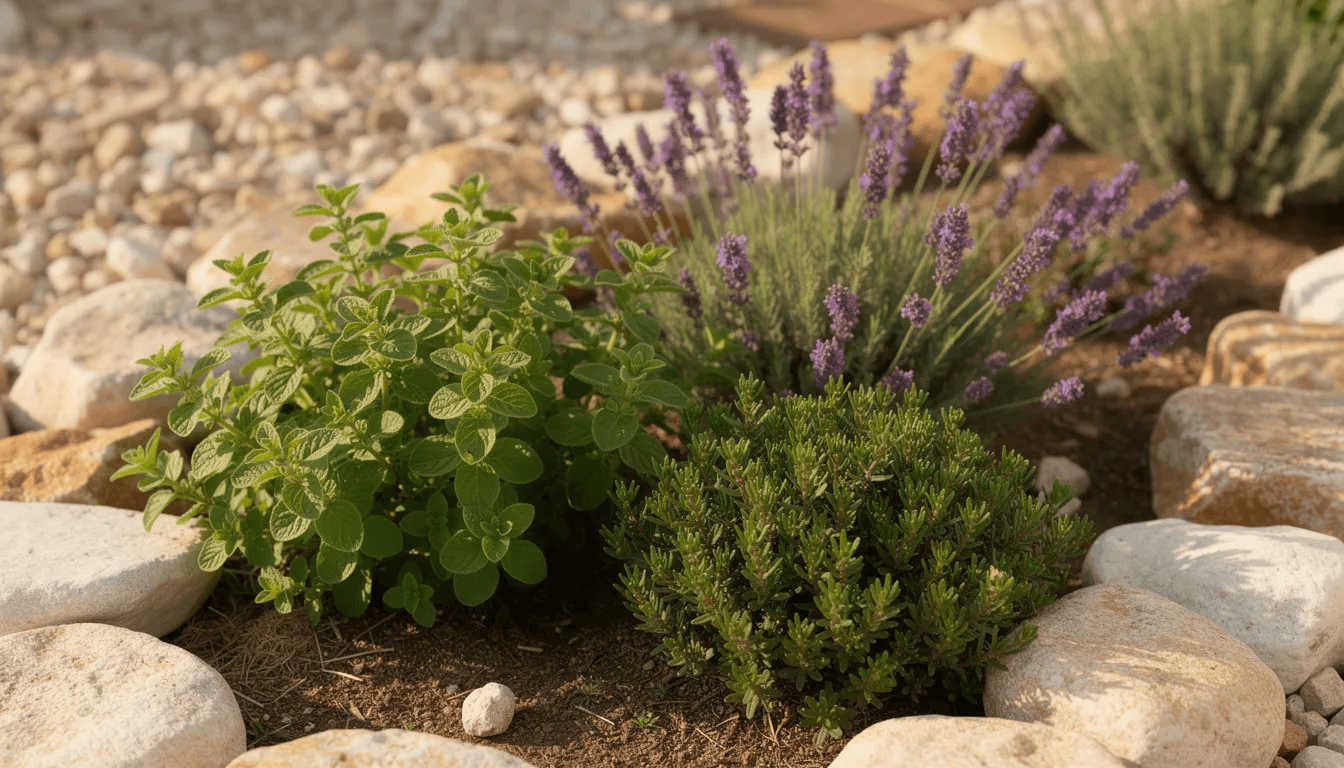 Na zdjęciu znajduje się śródziemnomorska rabata ziołowa, w której rosną świeże liście oregano, lawenda oraz tymianek, otoczone jasnymi kamieniami. Oregano, znane również jako lebiodka pospolita, charakteryzuje się intensywnym aromatem i jest powszechnie używane w kuchni śródziemnomorskiej.