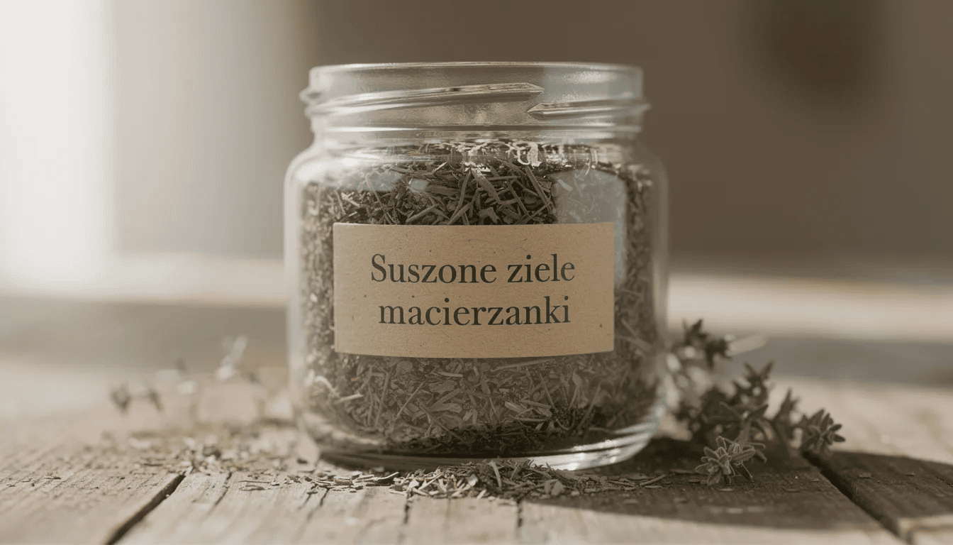 Na zdjęciu znajduje się szklany słoik wypełniony suszonym zielem macierzanki, które charakteryzuje się drobnymi kwiatami i intensywnym zapachem. Roślina ta, znana również jako macierzanka piaskowa, jest często wykorzystywana w medycynie naturalnej oraz przemyśle perfumeryjnym.