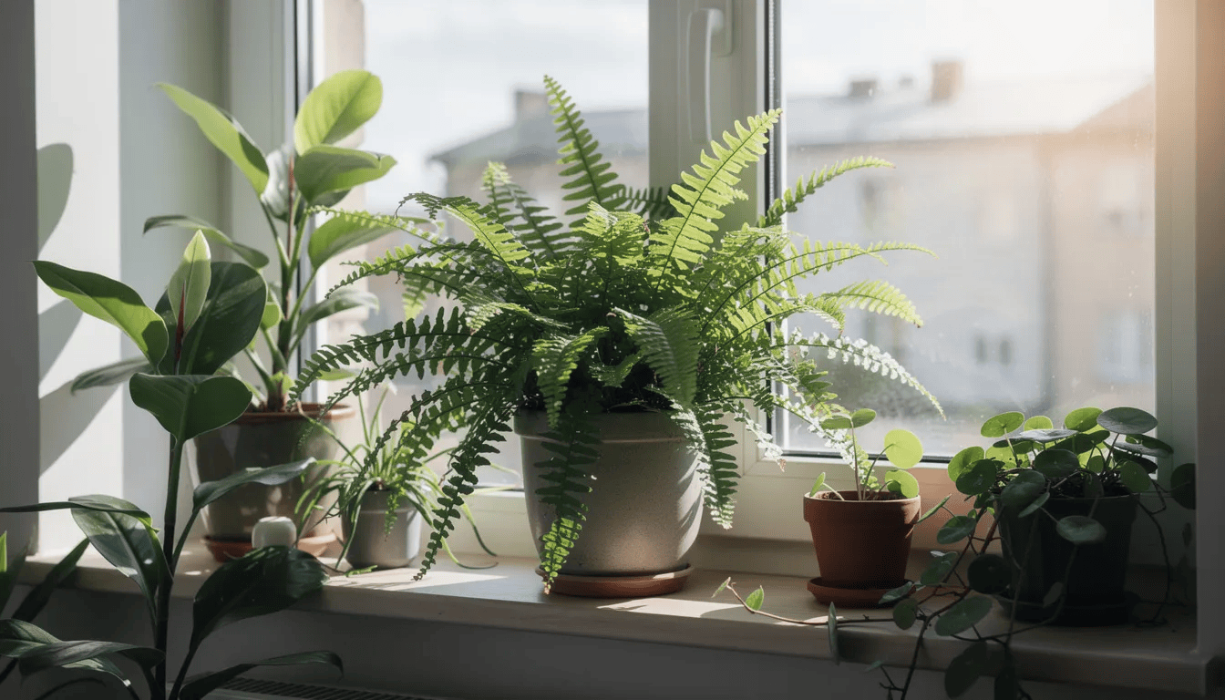 Na parapecie okna wschodniego znajduje się doniczka z bujnym nefrolepisem, którego delikatne, pierzaste liście tworzą gęste kępy. Obok rośnie kilka innych roślin zielonych, co dodaje uroku temu naturalnemu zakątkowi.