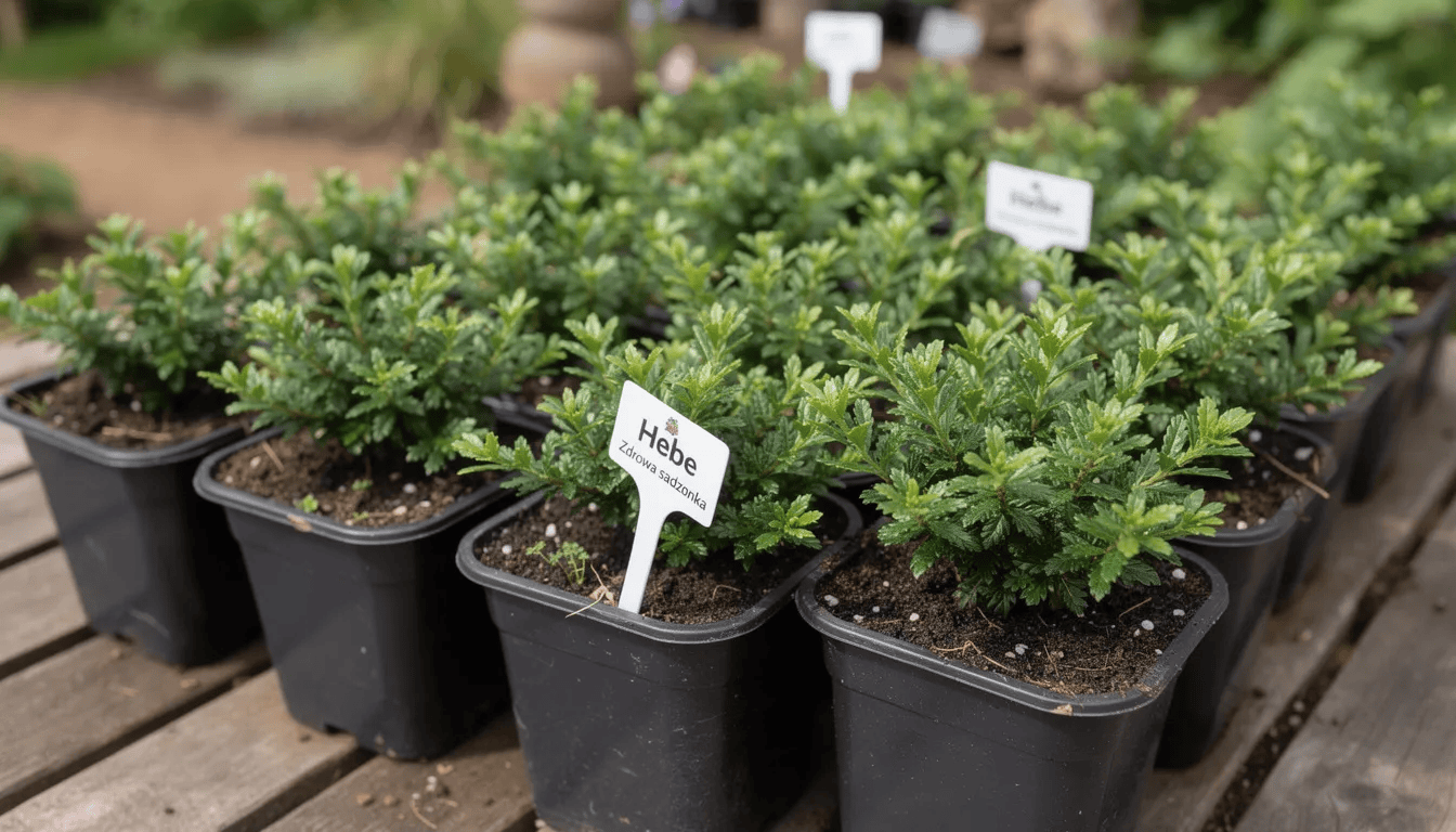 Na zdjęciu znajdują się zdrowe sadzonki hebe w małych doniczkach, gotowe do sadzenia. Rośliny te, charakteryzujące się błyszczącymi liśćmi, są idealne do ogrodów przydomowych i mogą tworzyć piękne obwódki rabat.