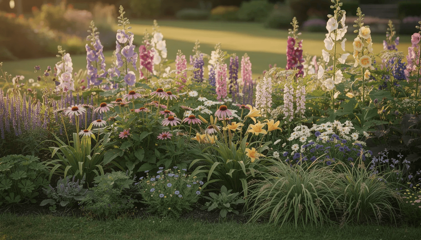 Na zdjęciu znajduje się mieszana rabata ogrodowa z różnorodnymi bylinami o różnych kolorach i wysokościach, wśród których wyróżniają się żółte kwiaty nawłoci pospolitej oraz nawłoci kanadyjskiej. Rośliny te, będące miododajnymi gatunkami z rodziny astrowatych, kwitną późnym latem, przyciągając owady, w tym pszczoły.