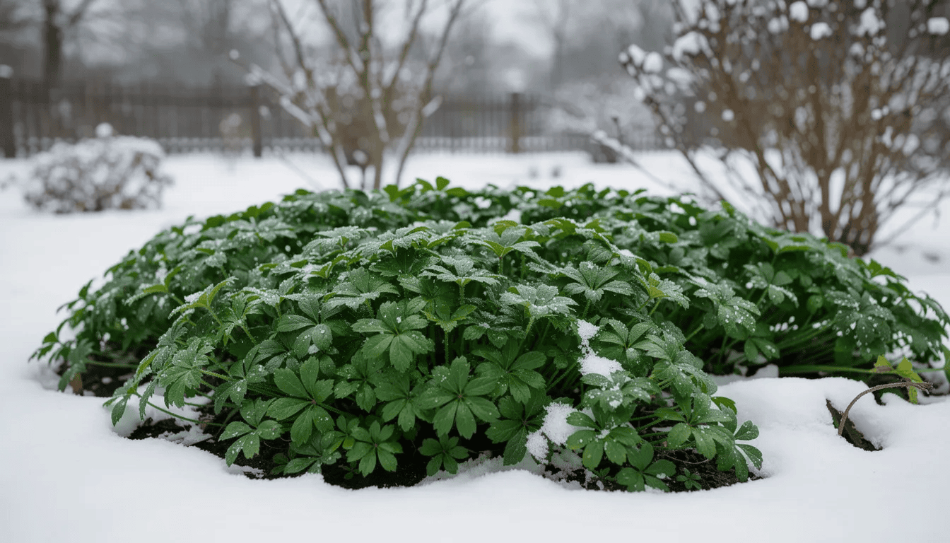 Zimowy ogród prezentuje zielony dywan runianki japońskiej, który kontrastuje z białym śniegiem, tworząc malowniczy widok. Runianka, z jej dekoracyjnymi liśćmi i płożącym pokrojem, dodaje uroku tej zimowej scenerii.
