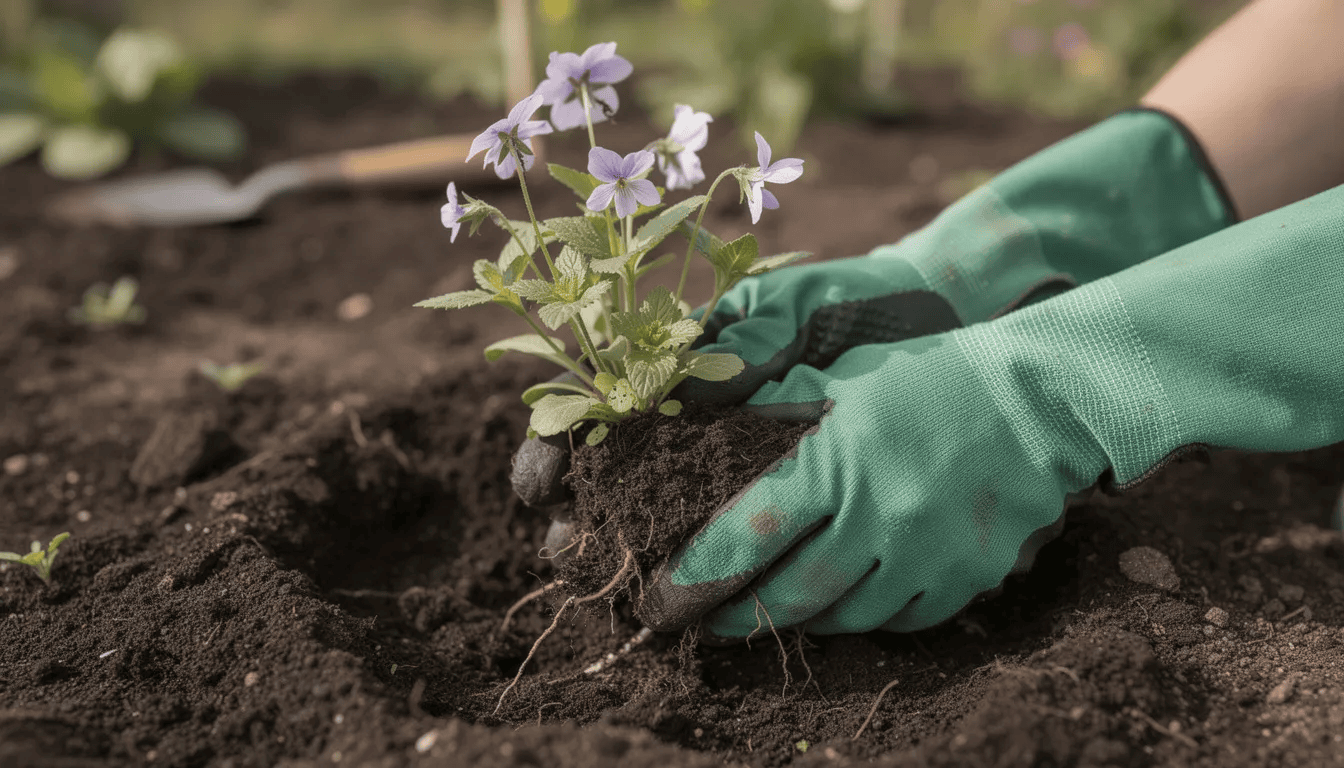Na zdjęciu widoczne są dłonie w rękawiczkach ogrodniczych, które sadzą młode rośliny ciemiernika w żyznej, ciemnej glebie. W tle można dostrzec korony drzew liściastych, co sugeruje, że rośliny te będą rosły w miejscach półcienistych.