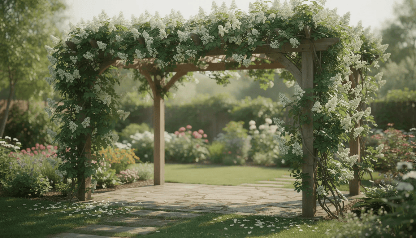 Na zdjęciu znajduje się drewniana pergola w ogrodzie, która jest porośnięta bujnym pnączem z białymi kwiatami. Roślina ta, będąca odmianą hortensji pnącej, tworzy piękne baldachowate kwiatostany, które doskonale komponują się z zielonymi liśćmi, zapewniając jednocześnie cień w ogrodzie.