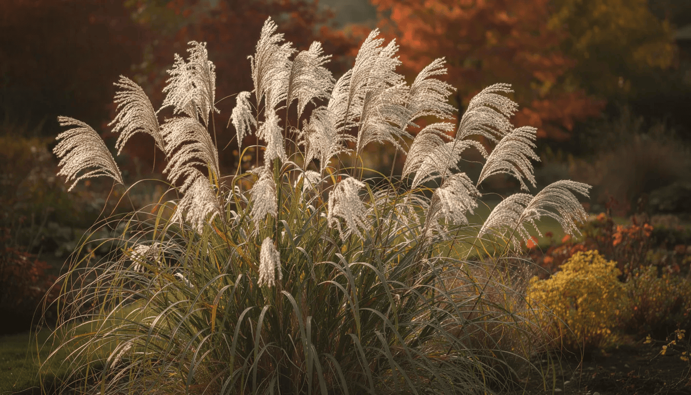 W ogrodzie w jesiennej scenerii widać wysokie kępy miskanta chińskiego z srebrzystymi wiechami, które kołyszą się delikatnie na wietrze. Rośliny te, z ciemnozielonymi liśćmi, stanowią efektowną ozdobę, która przyciąga wzrok swoją urodą i obfitym kwitnieniem.