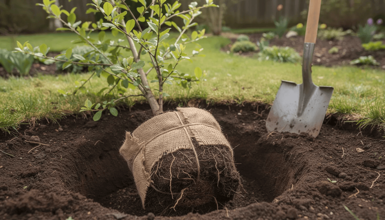 Na zdjęciu znajduje się młode drzewko klonu, gotowe do posadzenia w ogrodzie. Drzewko ma gęstą koronę i bryłę korzeniową, co czyni je idealnym wyborem dla początkujących ogrodników, którzy chcą wzbogacić swoje ogrody o ozdobne rośliny.