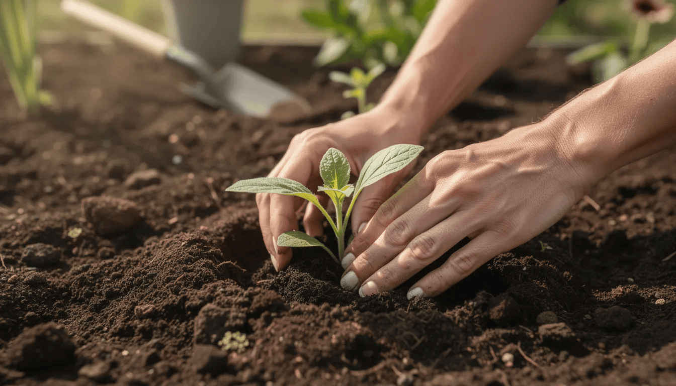 Na zdjęciu widoczne są ręce sadzące sadzonkę rudbekii w przygotowanej glebie ogrodowej, otoczonej skórzastymi liśćmi i delikatnymi płatkami kwiatów. Rudbekia, znana z intensywnie żółtych kwiatów, jest popularną rośliną wieloletnią, idealną do ogrodów naturalistycznych.