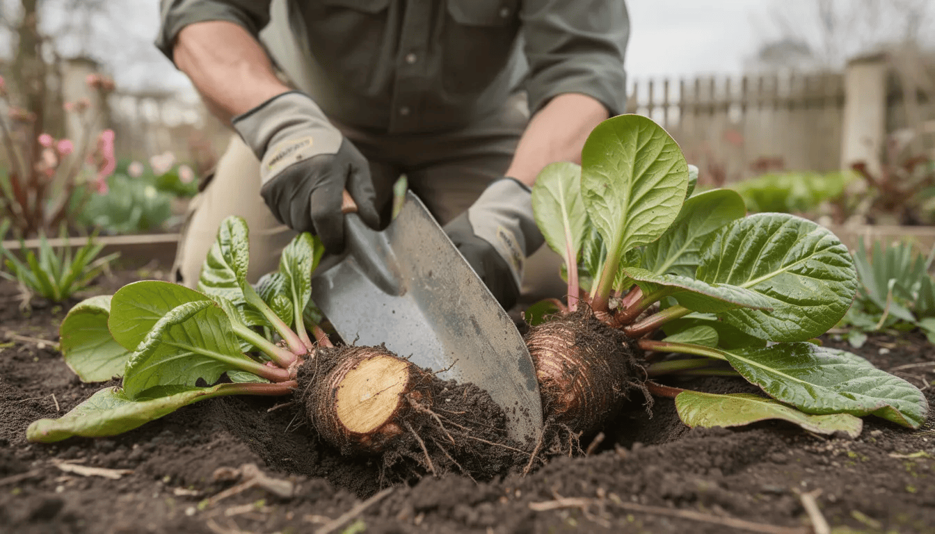 Ogrodnik pracuje w ogrodzie, dzieląc kępę bergenii sercowatej łopatą, ujawniając zdrowe kłącza i skórzaste liście tej wytrzymałej byliny. W tle widać ciemnoróżowe kwiaty bergenii, co wskazuje na jej wczesnowiosenne kwitnienie.