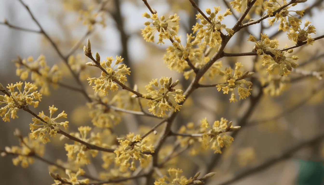 Na gołych gałązkach derenia jadalnego wczesną wiosną kwitną intensywnie żółte kwiaty, tworząc dekoracyjne baldachogrona. Roślina ta, znana z jadalnych owoców, jest idealna do każdego ogrodu i przyciąga uwagę swoim pięknym wyglądem.