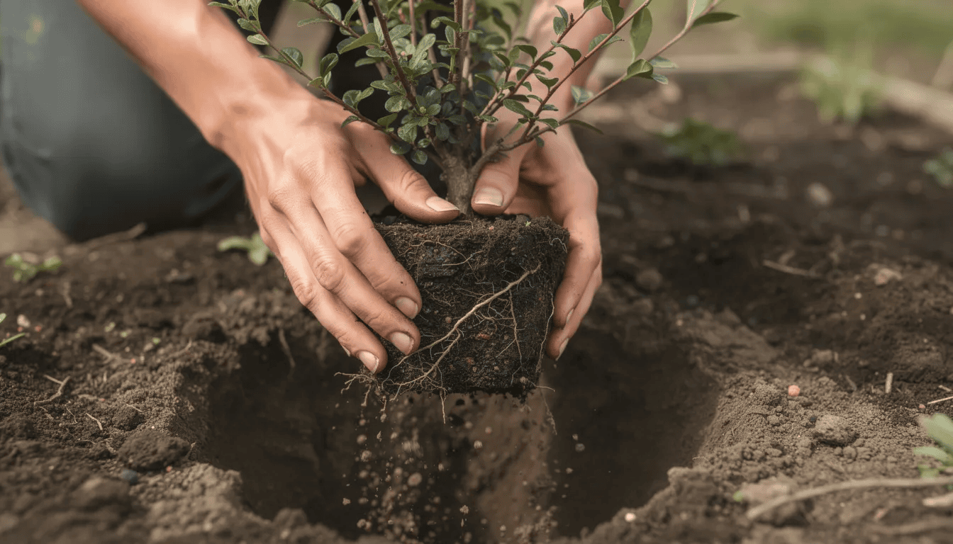 Na zdjęciu widoczne są ręce sadzące krzew irgi, z wyraźnie widoczną bryłą korzeniową. Roślina ta, znana z błyszczących liści i czerwonych owoców, jest doskonałym wyborem do ogrodów, szczególnie jako roślina okrywowa.