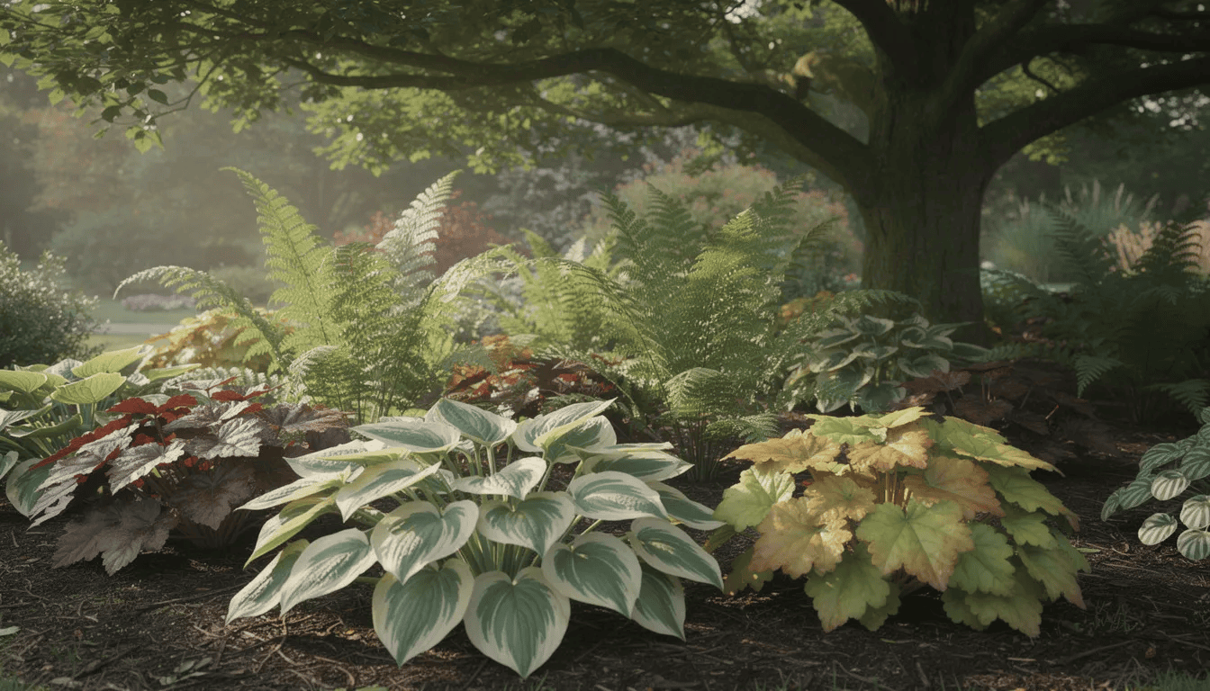 Na zdjęciu widać piękną kompozycję ogrodową z bujnymi kępami funkii, paprociami i żurawkami, które rosną pod koroną drzewa w cienistym zakątku. Rośliny te charakteryzują się efektownymi liśćmi w różnych odcieniach zieleni, tworząc harmonijną i naturalistyczną aranżację.