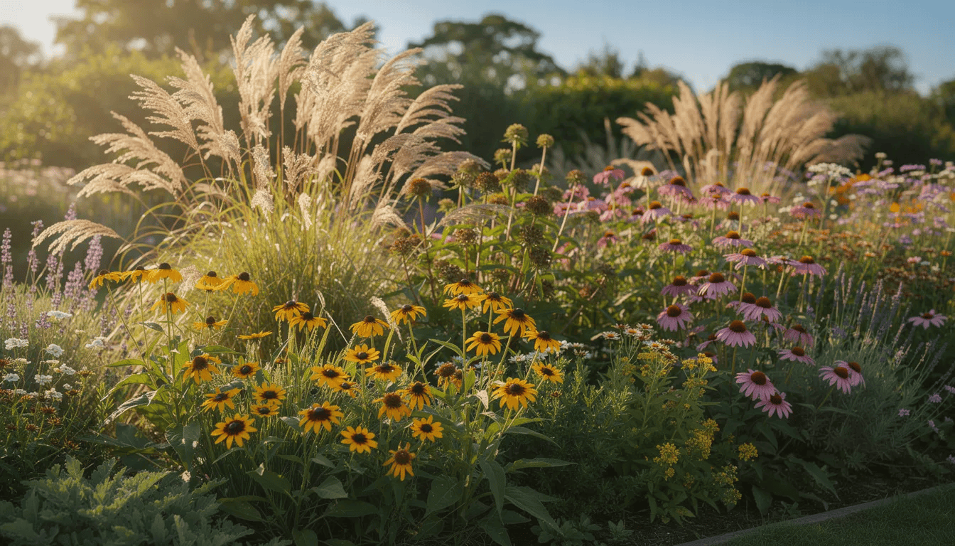 Na obrazku widać kolorową, letnią rabatę bylinową, w której dominują intensywnie żółte kwiaty rudbekii, otoczone gęstymi kępami traw ozdobnych i jeżówek. Całość jest oświetlona przez słońce, co podkreśla dekoracyjne walory tych roślin w ogrodzie.