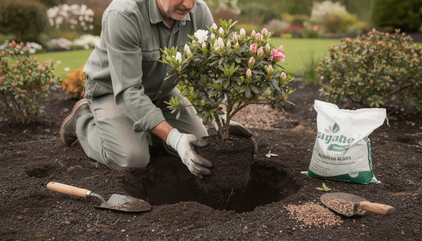 Na zdjęciu widoczny jest ogrodnik, który sadzi młode sadzonki azalii wielkokwiatowych w przygotowanym dołku wypełnionym kwaśnym torfem. W tle można zauważyć różnorodne kolory kwiatów, co sugeruje, że krzewy te będą pięknie kwitły w nadchodzących miesiącach.