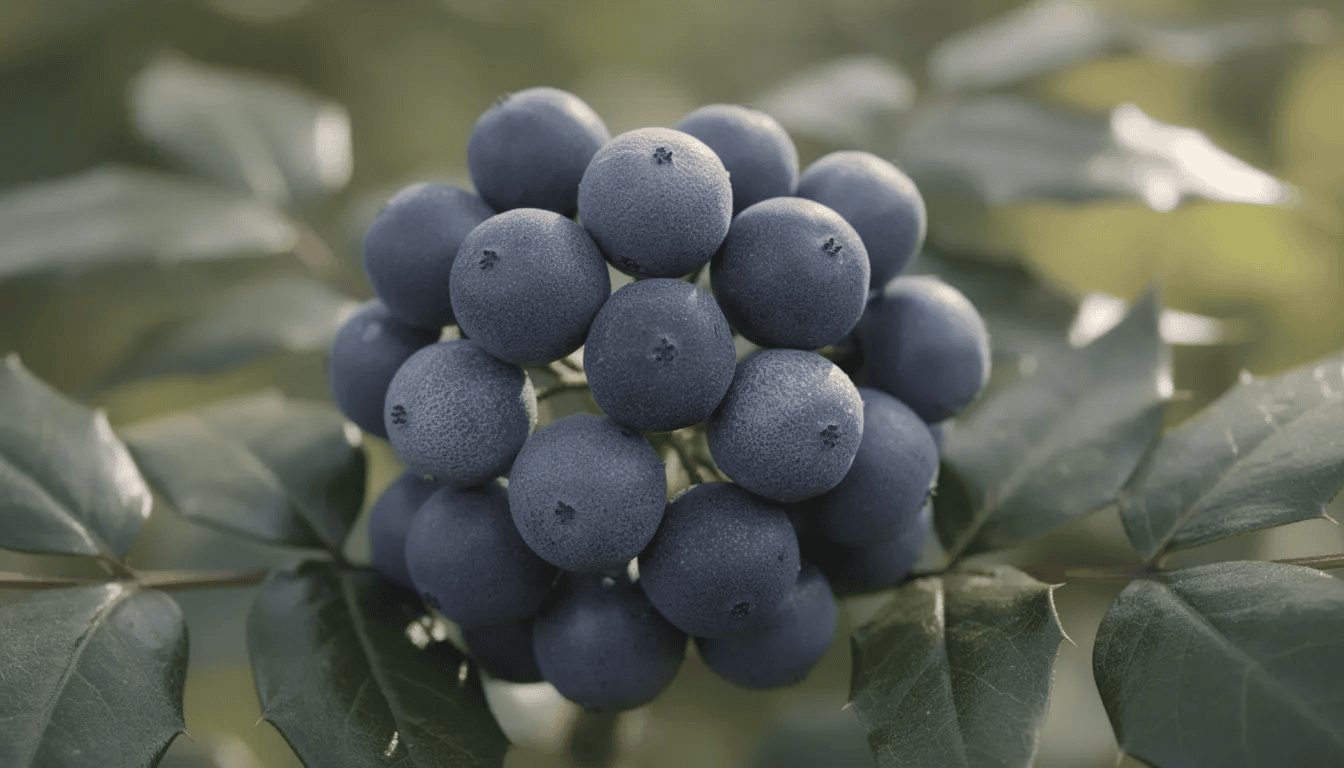 Na obrazie widoczne są ciemnogranatowe owoce mahonii pospolitej, pokryte charakterystycznym niebieskawym nalotem. Roślina ta, zimozielony krzew, charakteryzuje się także błyszczącymi liśćmi oraz intensywnie żółtymi kwiatami, które zdobią ją wczesną wiosną.