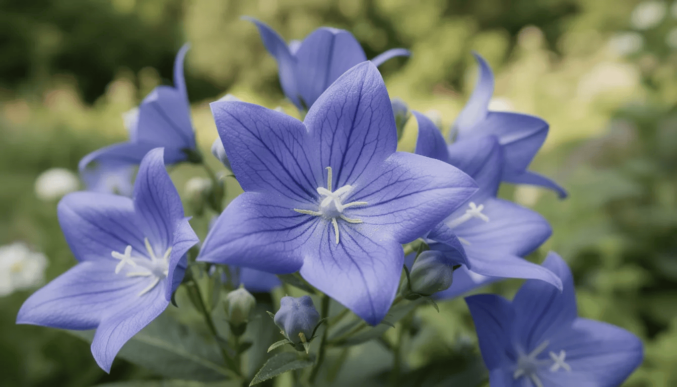 Na obrazie widać niebieskie kwiaty rozwaru wielkokwiatowego, znane z dzwonkowatego kształtu, w pełnym rozkwicie, otoczone zielonymi roślinami w ogrodzie. Kwiaty te, będące wieloletnią byliną, prezentują się efektownie na tle bujnej roślinności.