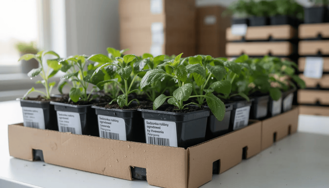 Na zdjęciu znajdują się sadzonki roślin ogrodowych w pojemnikach, gotowe do wysyłki. Wśród nich można dostrzec różne gatunki sadźca, w tym sadziec purpurowy i sadziec plamisty, które charakteryzują się okazałymi kwiatostanami oraz purpurowymi i czerwonymi kwiatami.