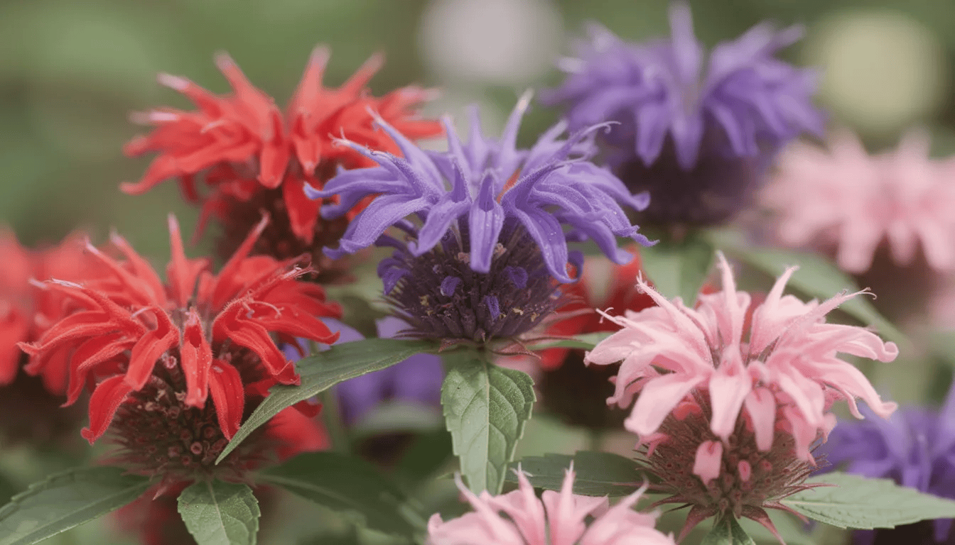 Zbliżenie na różnokolorowe kwiaty pysznogłówki, w tym czerwone, fioletowe i różowe odmiany, które tworzą gęste kępy. Kwiaty te, należące do rodziny jasnotowatych, kwitną latem i przyciągają motyle oraz pszczoły swoim przyjemnym cytrusowym zapachem.