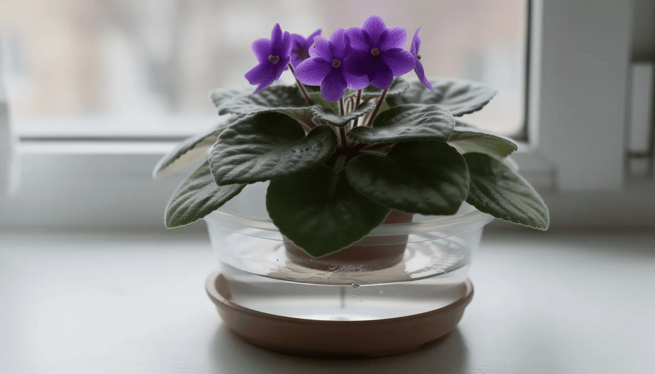 Na obrazku znajduje się doniczka z fiołkiem afrykańskim, umieszczona na podstawce wypełnionej wodą, co ilustruje technikę podlewania od dołu. Roślina ma piękne, fioletowe kwiaty oraz jasnozielone liście, co podkreśla jej dekoracyjny charakter.