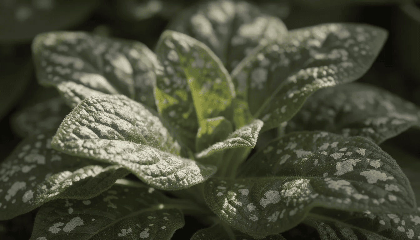 Zbliżenie na dekoracyjne liście miodunki plamistej, które charakteryzują się srebrzystymi plamkami. Roślina ta, należąca do rodziny ogórecznikowatych, często zdobi ogrody i rośnie w cienistych miejscach, a jej liście mają lekko wilgotną powierzchnię.