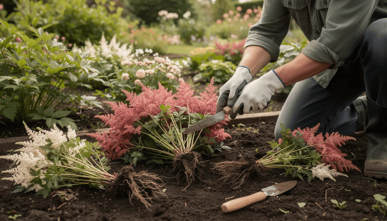 Na zdjęciu ogrodnik dzieli kępę tawułki arendsa na kilka części przed jej posadzeniem, otoczony pięknymi, pierzastymi liśćmi i puszystymi kwiatostanami. Roślina ta, znana z dekoracyjnych właściwości, jest chętnie sadzona w ogrodach, szczególnie w miejscach półcienistych.