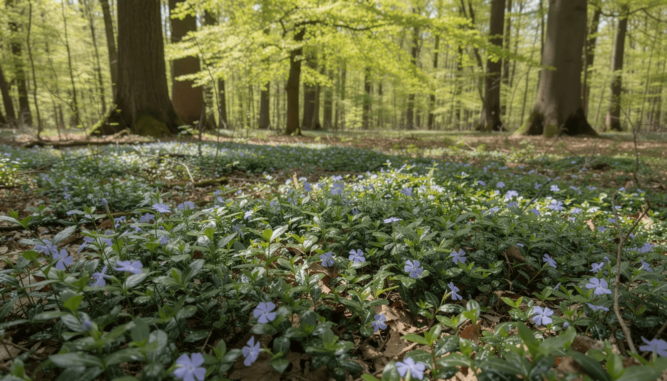 Na zdjęciu widoczny jest zielony dywan z barwinka pospolitego, rosnącego pod koronami dużych drzew liściastych. Barwinek, jako popularna roślina okrywowa, ma ciemnozielone liście i kwitnie pięknymi, niebieskimi kwiatami, tworząc malowniczy krajobraz w cieniu drzew.