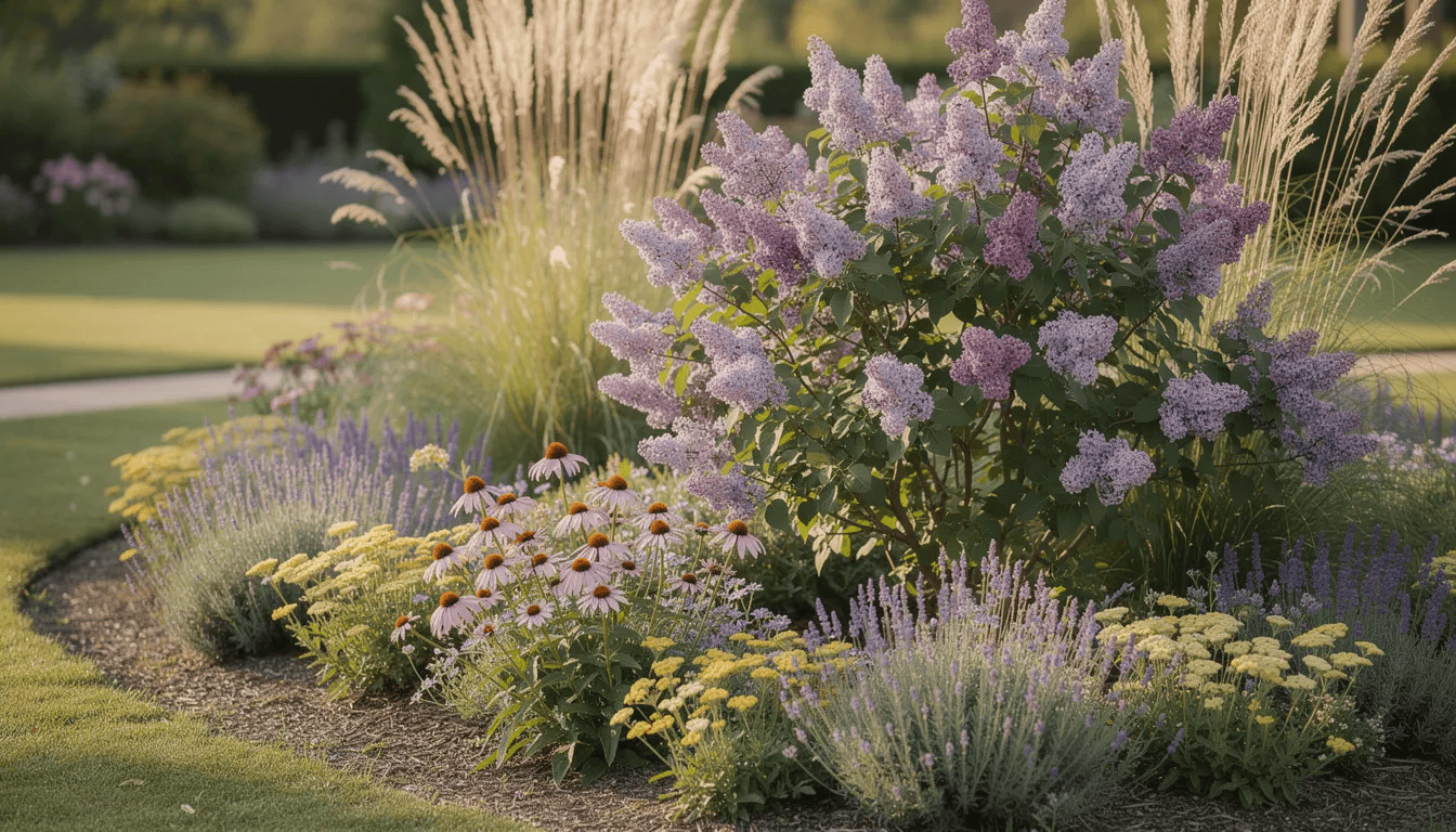Na zdjęciu widoczny jest lilak pospolity, który stanowi efektowny element rabaty mieszanej z bylinami i trawami ozdobnymi. Krzew liściasty obficie kwitnie w maju, prezentując gęste, fioletowe kwiatostany, które wabią motyle swoim przyjemnym zapachem.