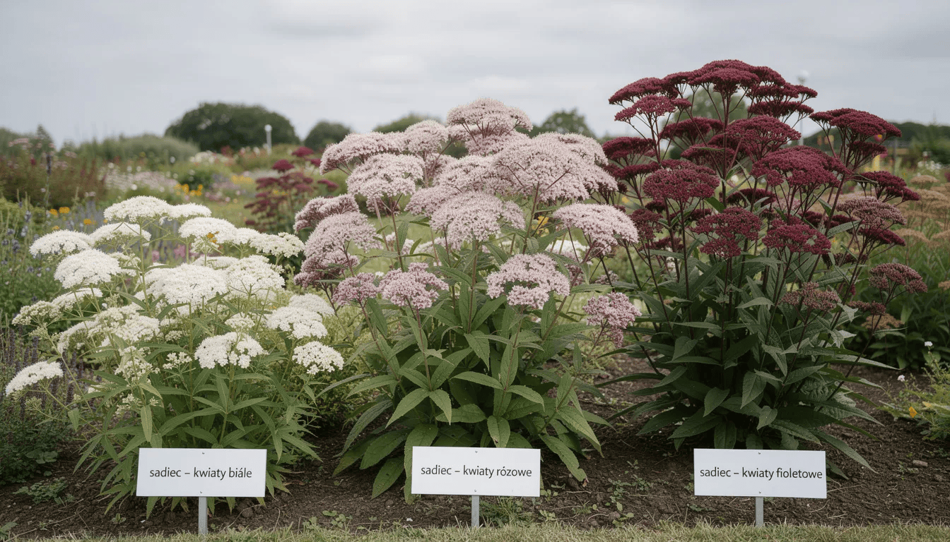 Na obrazie przedstawiono różne odmiany sadźca, w tym sadziec purpurowy i sadziec plamisty, z białymi, purpurowymi i czerwonymi kwiatami oraz różnymi wysokościami roślin, które osiągają nawet 2 m. Rośliny te, charakterystyczne dla rodziny astrowatych, kwitną obficie w wczesną wiosną i późnym latem, idealnie nadając się do ogrodów przydomowych i pobliża zbiorników wodnych.