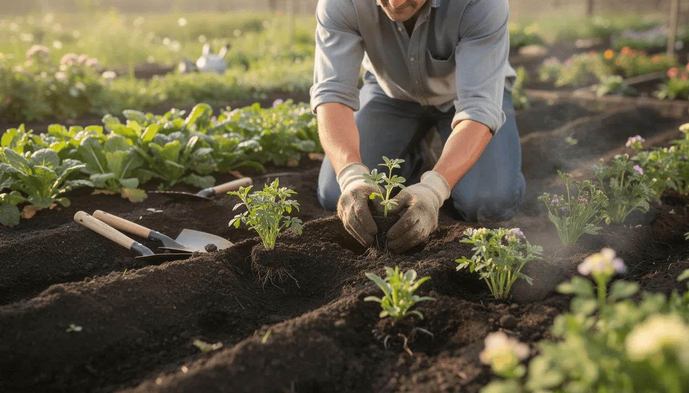 Ogrodnik sadzi młode sadzonki rutewki w żyznej, wilgotnej glebie, otoczonej gęstymi kępami innych bylin. W tle widoczne są delikatne, pierzaste liście oraz kwiatostany w odcieniach fioletu, które dodają estetycznego wyglądu ogrodowi.