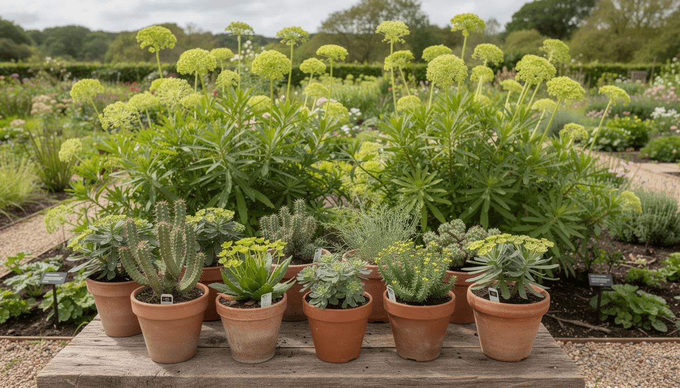 Na obrazku widać różnorodne gatunki wilczomlecza w doniczkach oraz w ogrodzie, które prezentują zróżnicowanie form, od sukulentów po byliny. Rośliny te, takie jak wilczomlecz trójżebrowy i wilczomlecz złocisty, charakteryzują się mięsistymi liśćmi i różnorodnymi kształtami, co czyni je atrakcyjnymi roślinami ozdobnymi w uprawie doniczkowej oraz w rabatach ogrodowych.