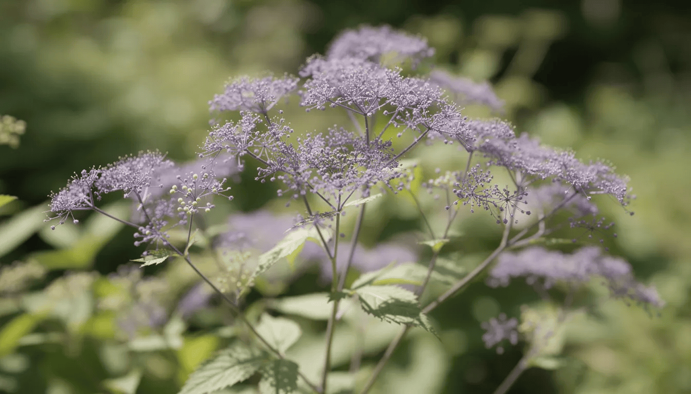 Na obrazie widoczne są zwiewne, fioletowe kwiaty rutewki, które pięknie kontrastują z tłem zielonego ogrodu. Roślina ta, znana ze swojego delikatnego wyglądu i pierzastych liści, tworzy gęste kępy, dodając estetycznego uroku przestrzeni.