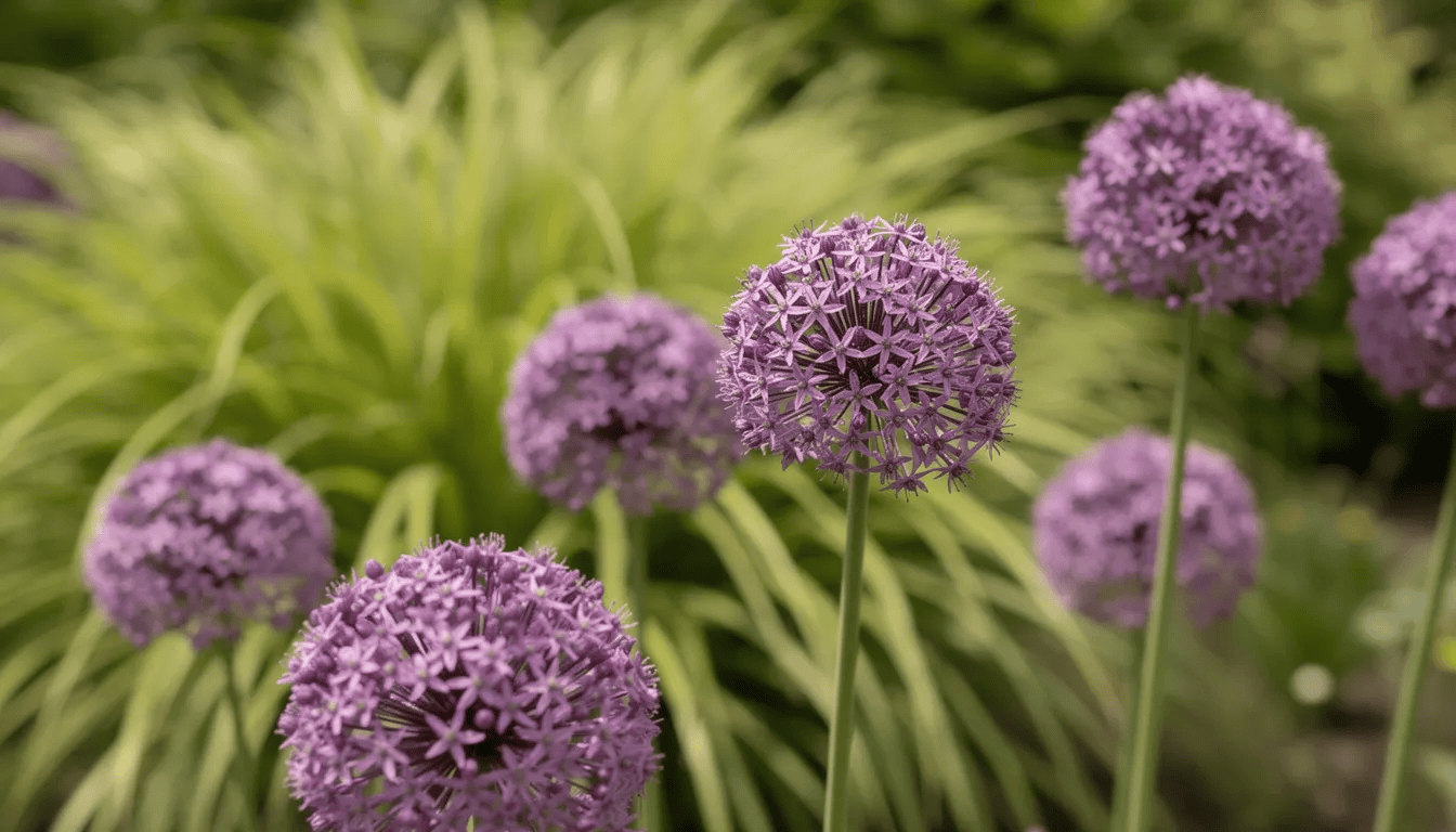 Na zdjęciu widoczne są kuliste, fioletowe kwiatostany czosnku ozdobnego, które wyróżniają się na tle zielonych traw ornamentalnych w ogrodzie. Kwiaty te, należące do rodziny amarylkowatych, tworzą efektowny akcent w przestrzeni ogrodowej, przyciągając wzrok swoim intensywnym kolorem.