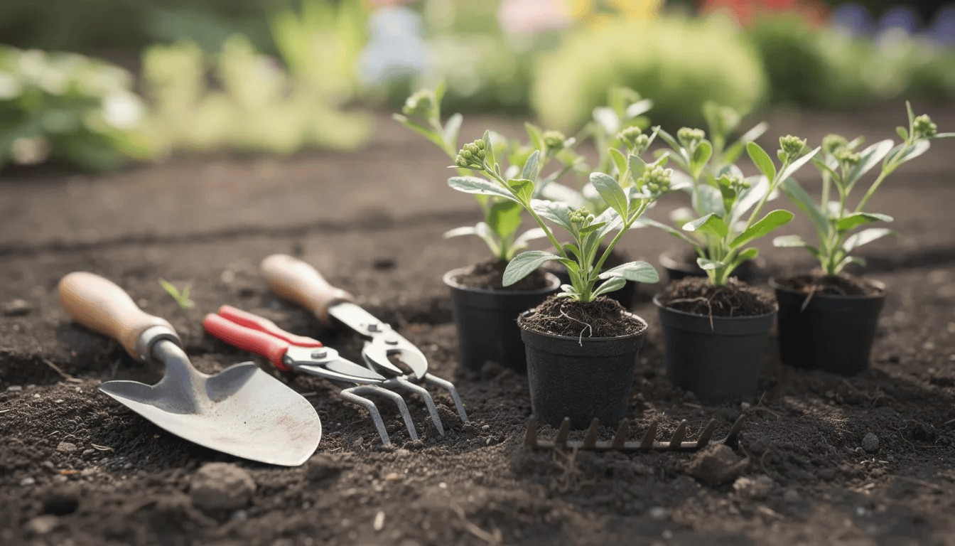 Na zdjęciu znajdują się narzędzia ogrodnicze obok młodych sadzonek roślin ozdobnych, w tym turzycy, gotowych do sadzenia w ogrodzie. Sadzonki mają zielone liście i są przygotowane do wzrostu w różnych warunkach, co sprawia, że idealnie nadają się do efektownych kompozycji w rabatach oraz na brzegach oczek wodnych.