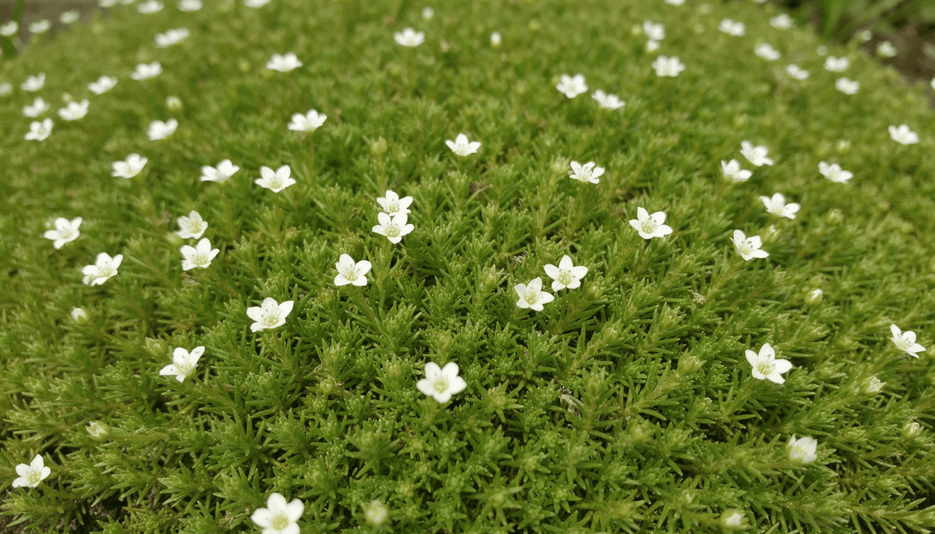Zbliżenie na gęstą darń karmnika ościstego, pokrytą drobnymi białymi kwiatami, tworzącą zwarty dywan zieleni. Roślina ta, znana z zastosowania w ogrodach skalnych, dobrze rośnie w słonecznych stanowiskach i wymaga regularnego podlewania.