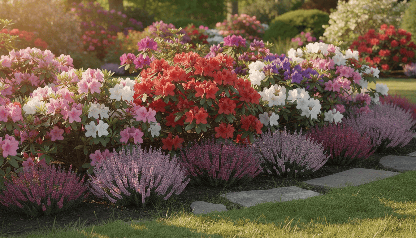 Na rabacie ogrodowej rosną azalie ogrodowe w różnych kolorach, rododendrony oraz wrzosy, tworząc kolorowy i pełen życia krajobraz. Kwiaty azalii, znane z pięknych barw, kwitną wczesną wiosną, a ich pielęgnacja wymaga odpowiednich warunków glebowych oraz regularnego podlewania.