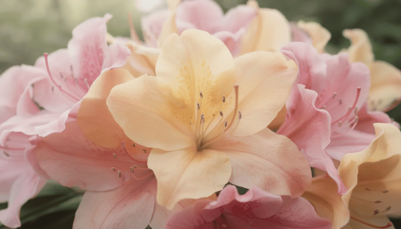 Zbliżenie na kolorowe kwiaty azalii wielkokwiatowej w odcieniach różowo-żółto-kremowych, które obficie kwitną, tworząc kuliste kwiatostany. Kwiaty mają lekko pofalowane brzegi płatków, co nadaje im wyjątkowy charakter.