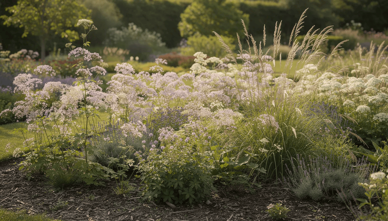 Na rabacie bylinowej w ogrodzie naturalistycznym rosną rutewki i trawy ozdobne, tworząc gęste kępy o delikatnym wyglądzie. Wśród pierzastych liści rutewki delavaya można dostrzec białe kwiaty, które kwitną w okresie wiosennym, dodając estetycznego uroku temu miejscu.