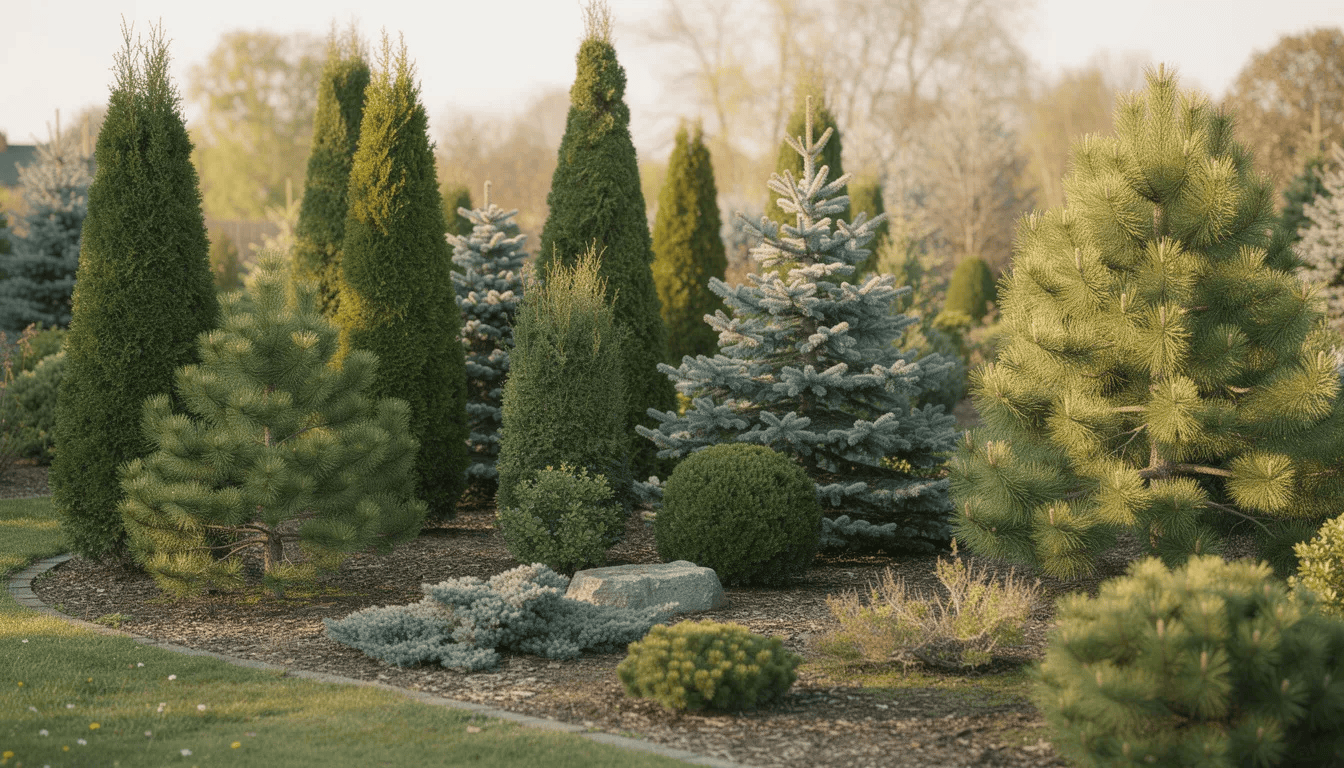 W ogrodzie znajdują się różnorodne drzewka iglaste, takie jak świerki, sosny i jodły, o różnych pokrojach i kolorach igieł. Rośliny te tworzą gęsty, zielony krajobraz, który zachwyca swoją różnorodnością przez cały rok.