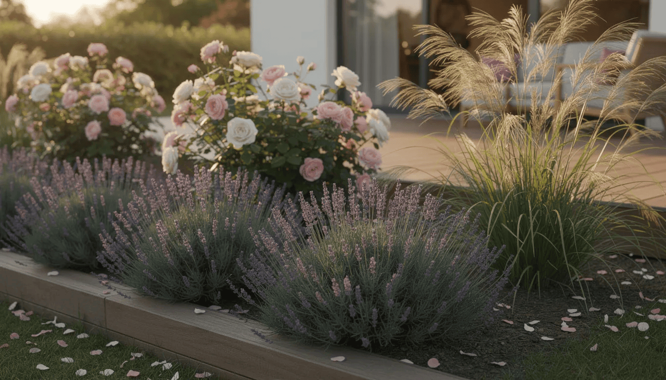 Na obrazku widać piękną lawendę wąskolistną rosnącą przy tarasie, otoczoną kolorowymi różami oraz ozdobnymi trawami. Kwiaty lawendy mają intensywny ciemnofioletowy kolor, a ich przyjemny zapach tworzy wyjątkową atmosferę w ogrodzie.