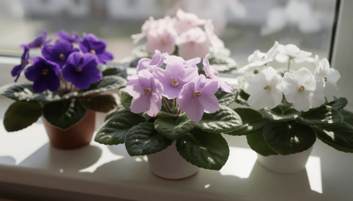 Na parapecie znajdują się kolorowe kwiaty fiołka afrykańskiego w różnych odcieniach fioletu, różu i bieli, otoczone jasnozielonymi liśćmi. Rośliny te, znane z pięknych kwiatów, kwitną obficie, szczególnie latem, dodając uroku wnętrzu.