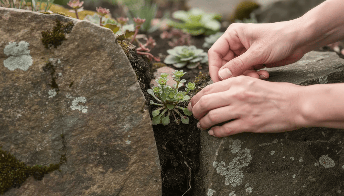 Na zdjęciu widać sadzenie skalnicy arendsa w szczelinie między kamieniami na skalniaku, gdzie młode rośliny z drobnymi kwiatami tworzą gęste kępy. Roślina ta doskonale nadaje się do ogrodów skalnych i doskonale znosi susze, co czyni ją idealnym wyborem do obsadzania murków i rabat bylinowych.