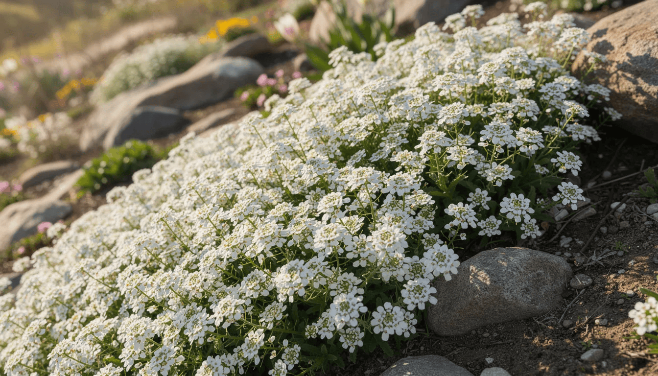 Na kamienistym zboczu wiosennego ogrodu rośnie kwitnący ubiorek wiecznie zielony, tworząc gęstą, białą poduchę z obfitym kwitnieniem. Roślina okrywowa doskonale komponuje się z otoczeniem, przyciągając uwagę swoim zwarty pokrój i białymi kwiatami.