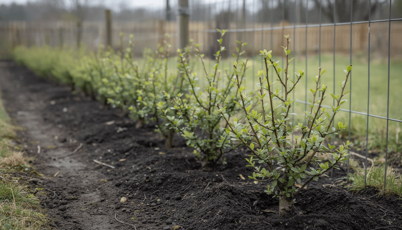 Na zdjęciu widoczne są młode sadzonki ognika szkarłatnego posadzone wzdłuż ogrodzenia, które tworzą początek żywopłotu. Rośliny te mają intensywnie zielone liście i są cenione jako dekoracyjne krzewy, które obficie owocują pomarańczowymi owocami.