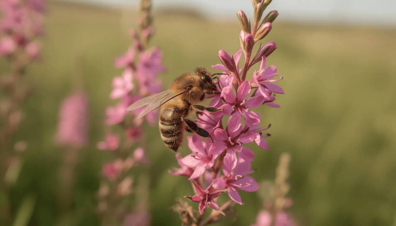 Na obrazie widoczna jest pszczoła miodna zbierająca nektar z intensywnie różowych kwiatów krwawnicy pospolitej, rosnącej w pobliżu oczek wodnych. Kwiaty te tworzą harmonijne kompozycje w naturalistycznych ogrodach, przyciągając liczne owady.