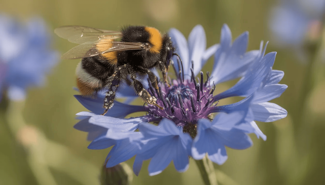 Na obrazie widoczny jest trzmiel zbierający nektar z niebieskiego kwiatu chabra bławatek w słonecznym ogrodzie. Roślina kwitnie, a wokół niej znajdują się jasne liście i inne kwiaty, tworząc malowniczy krajobraz.