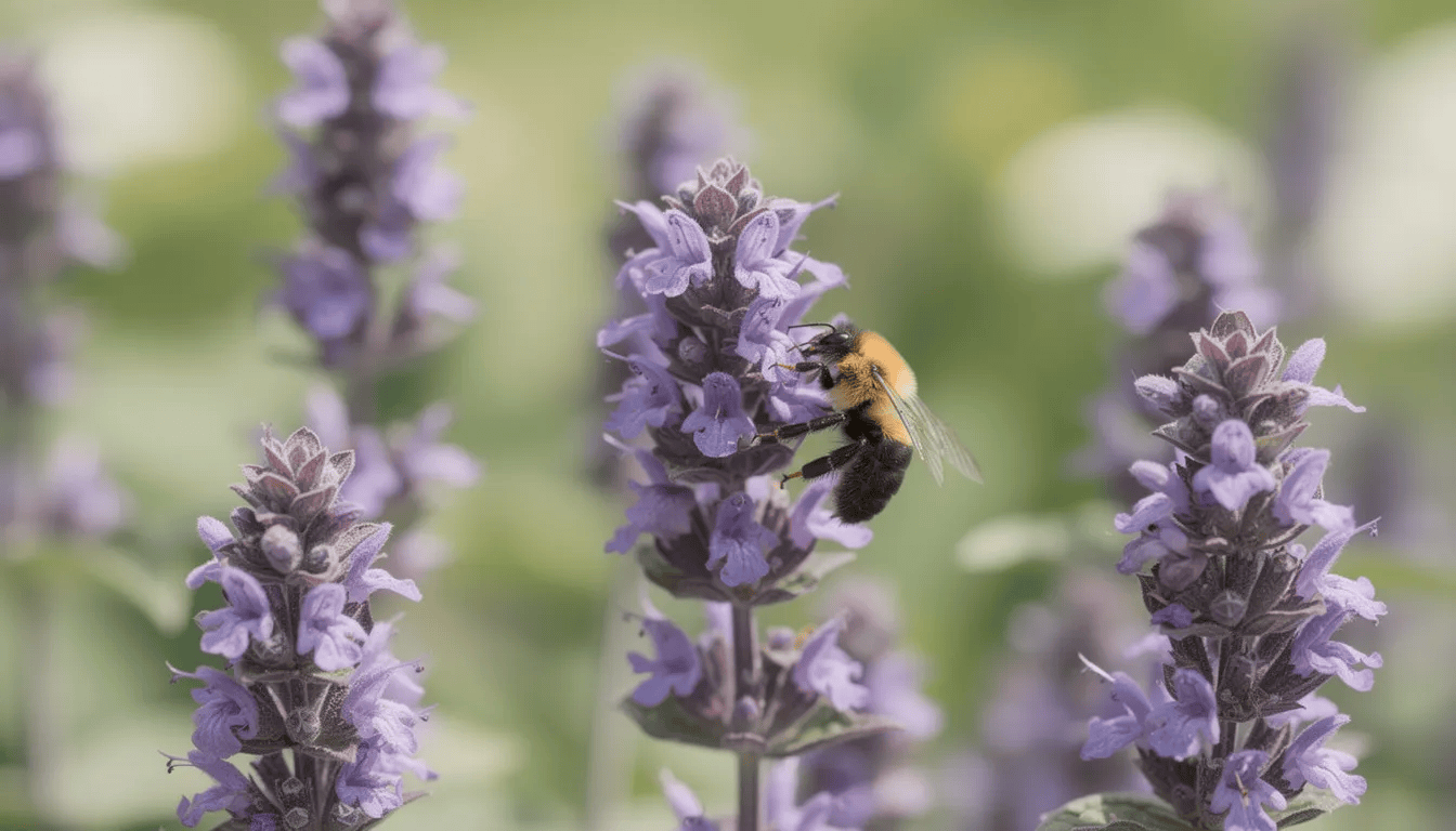 Na zbliżeniu widoczne są fioletowe kłosy kłosowca, na których siedzi trzmiel, co podkreśla ich rolę w przyciąganiu owadów zapylających. Rośliny te, znane z długiego kwitnienia, są idealnym dodatkiem do ogrodów naturalistycznych i rabat bylinowych.