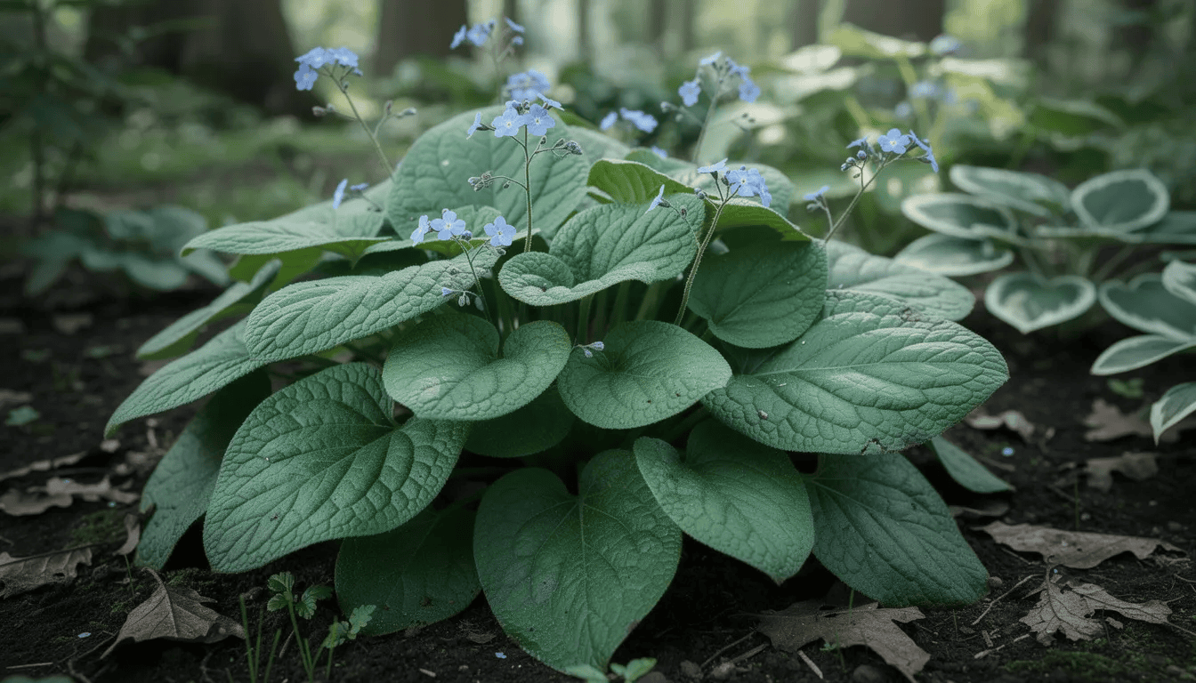 Na zdjęciu widoczna jest kępa brunery wielkolistnej, która rośnie w cienistym fragmencie ogrodu. Roślina ta charakteryzuje się dużymi, sercowatymi liśćmi oraz niebieskimi kwiatami, które kwitną wczesną wiosną, tworząc piękny akcent w cienistych rabatach.